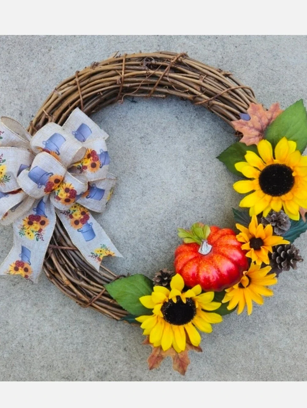 Handmade Autumn Grapevine Wreath with Sunflowers and Pumpkin
